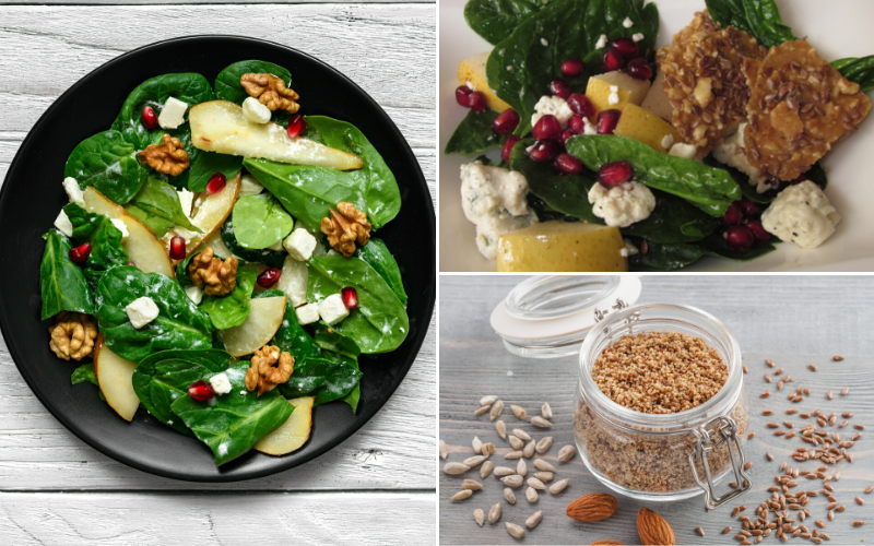 Spinach Salad with Pears, Pomegranate, Bleu Cheese and Flax Seed Brittle