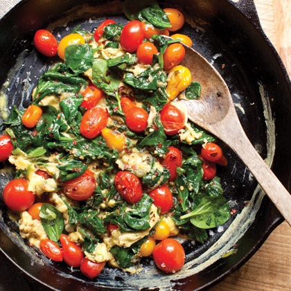 Blistered Tomato Spinach Scramble