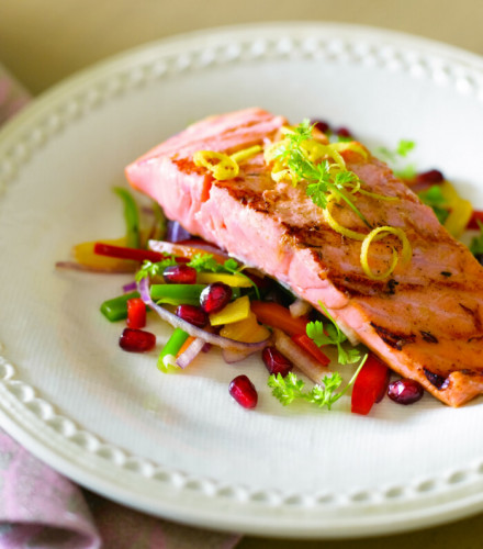 Grilled Salmon Salad with Pomegranate and Walnut Vinaigrette
